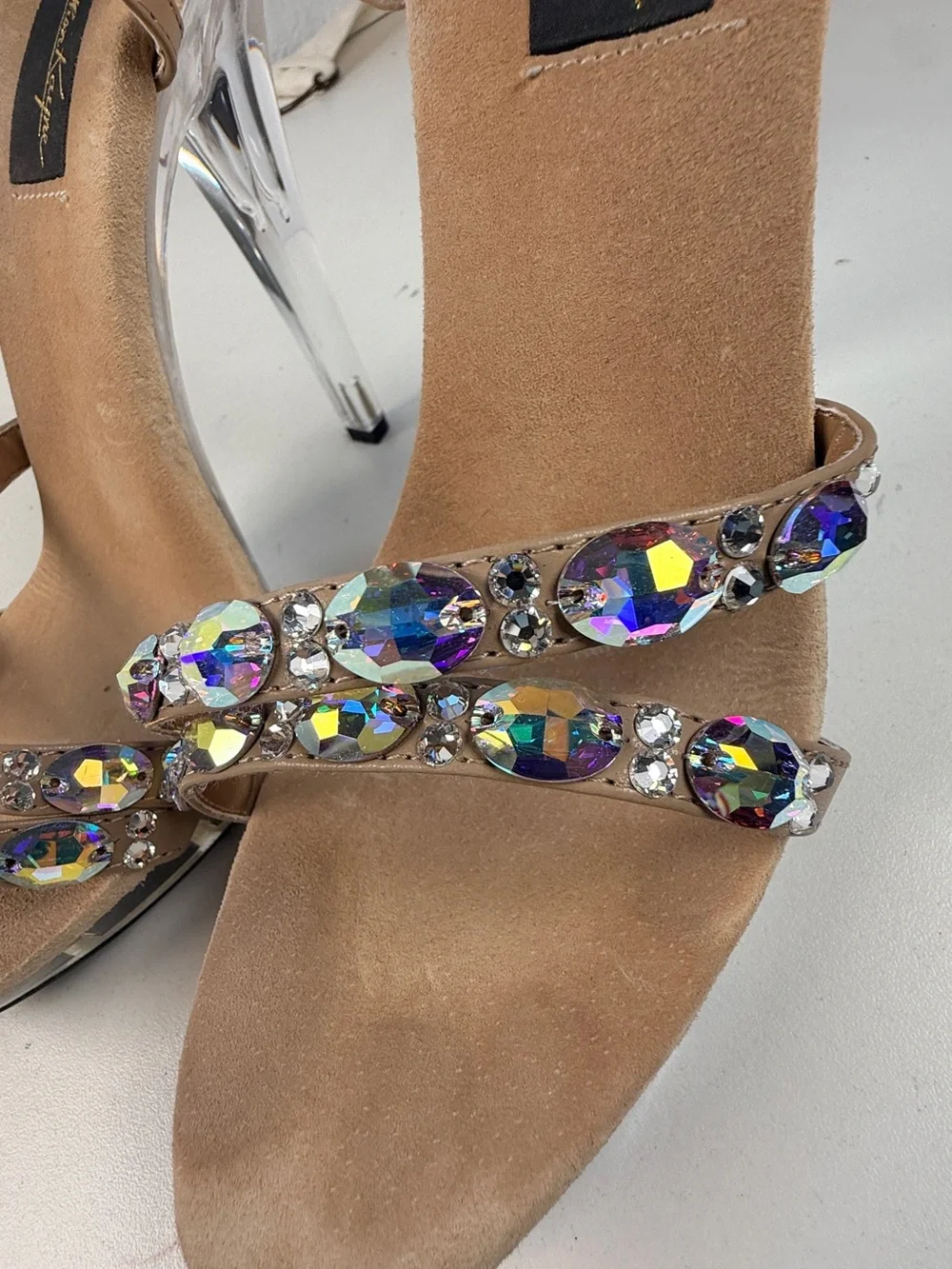 Jonathan Kayne Austria Crystal Clear Platform Heels Taupe Size 8.5 bling